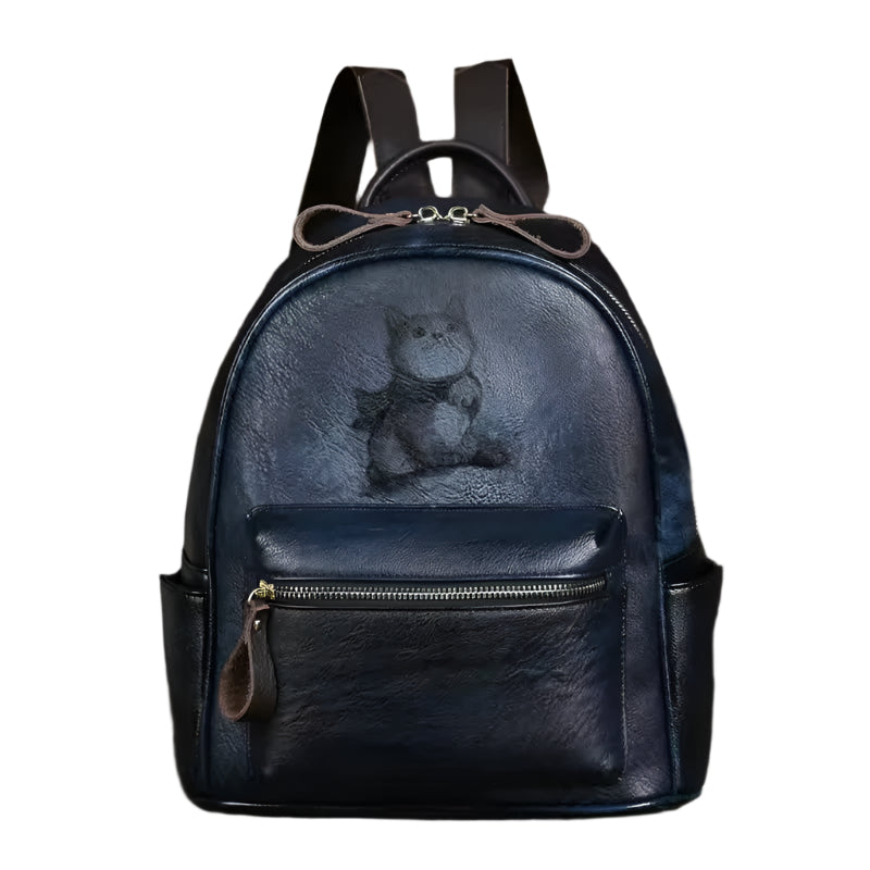 Charming Fox Printed Leather Backpack for Women - Blue