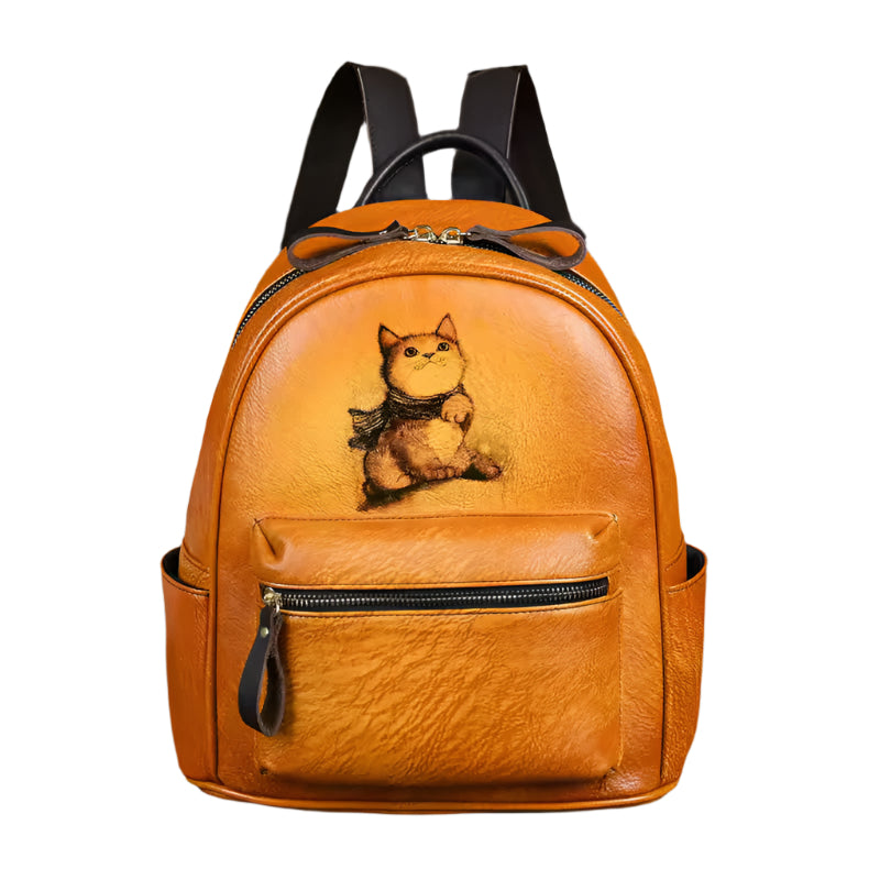 Charming Fox Printed Leather Backpack for Women - Brown