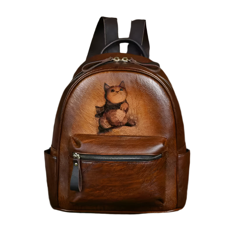 Charming Fox Printed Leather Backpack for Women - Coffee