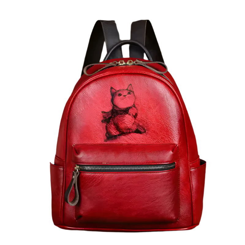 Charming Fox Printed Leather Backpack for Women - Red