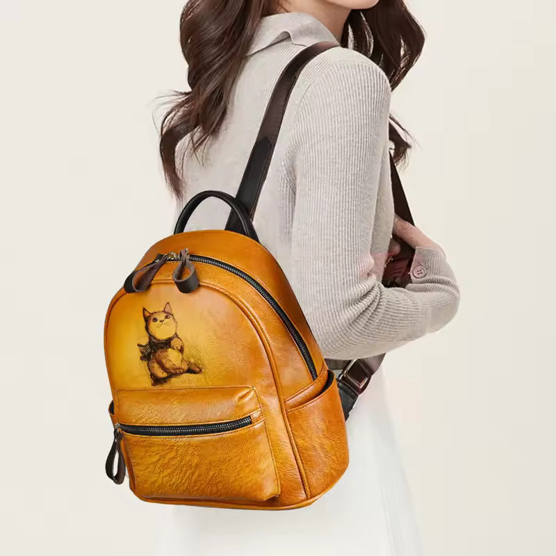 Charming Fox Printed Leather Backpack for Women - With Model
