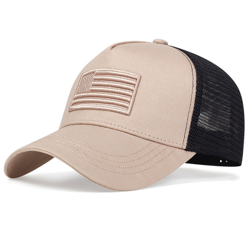 Embroidered USA Flag Trucker Hat - Beige