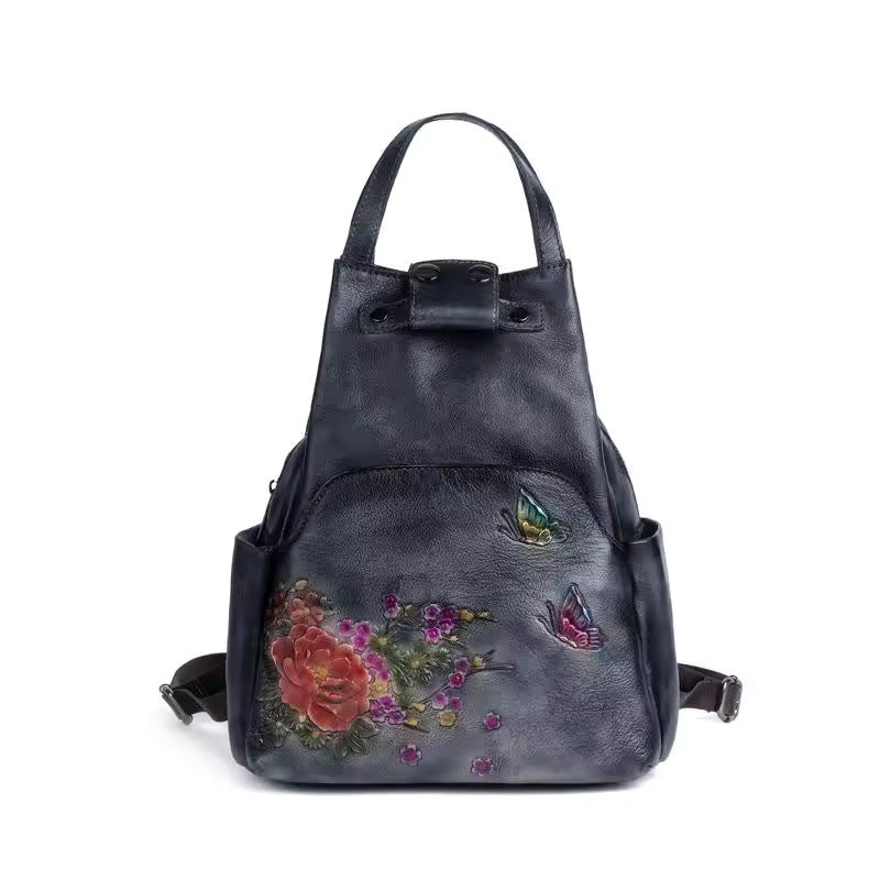Floral Embossed Leather Backpack for Women - Black