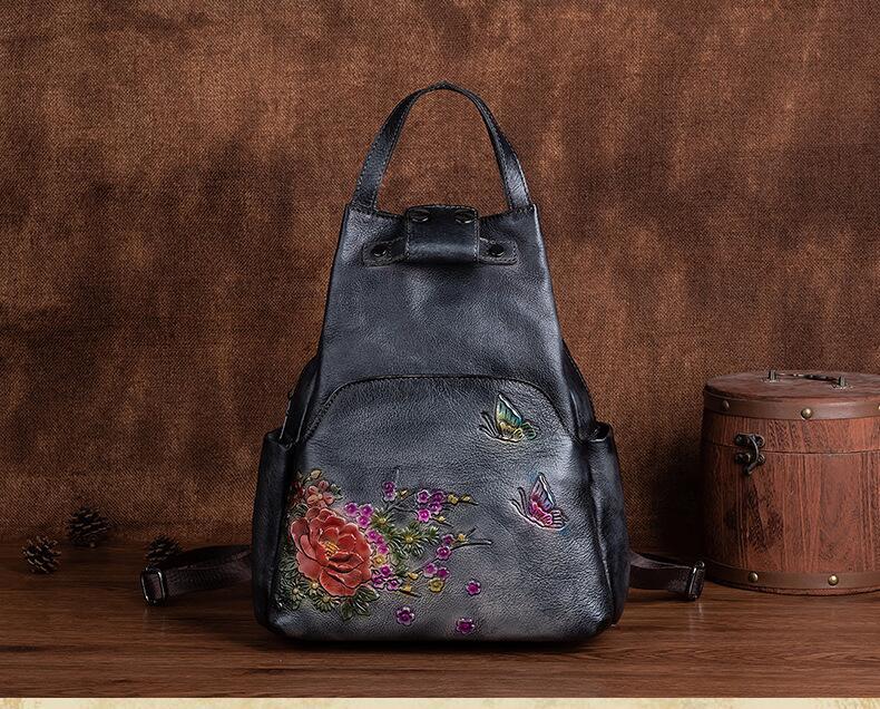 Floral Embossed Leather Backpack for Women - Black with Brown background