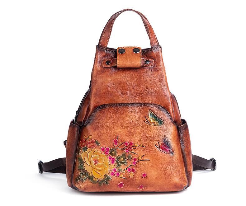 Floral Embossed Leather Backpack for Women - Brown