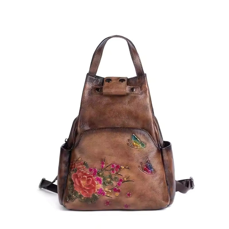 Floral Embossed Leather Backpack for Women - Coffee