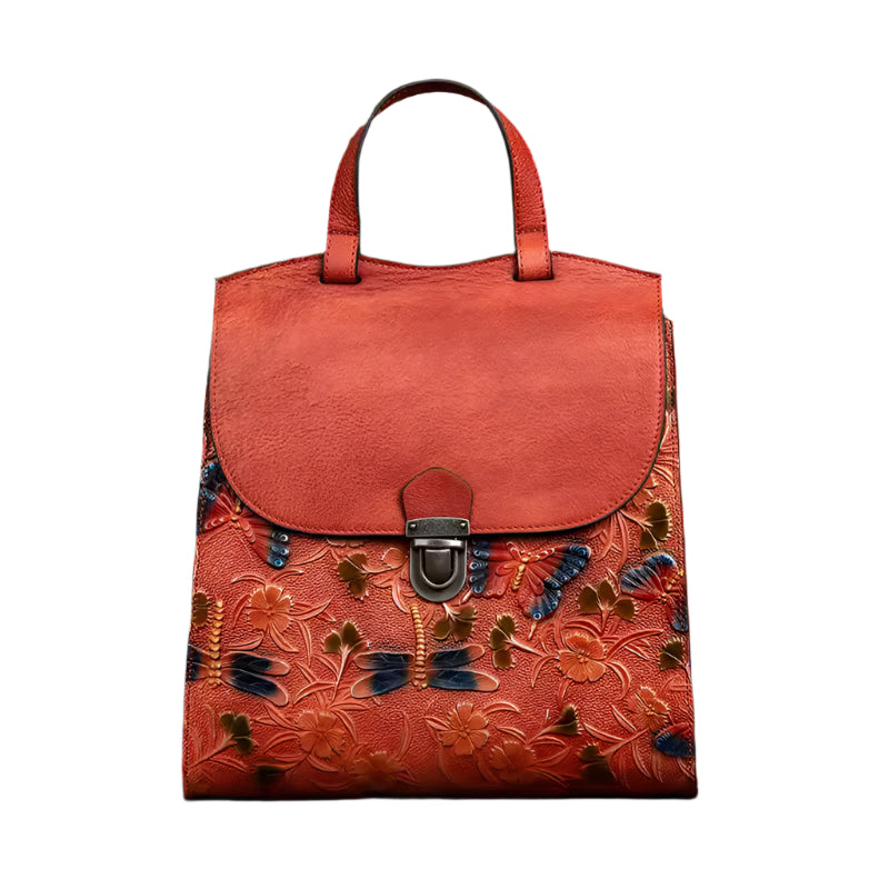 Handcrafted Floral Leather Handbag Backpack Women - Red