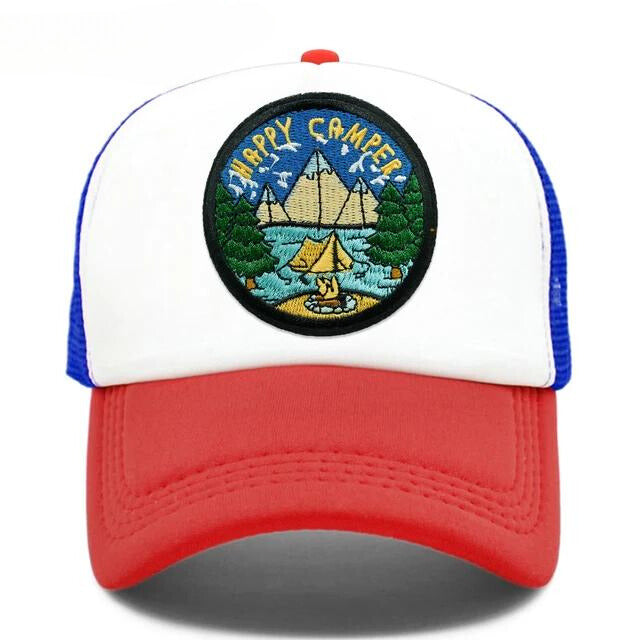 Happy Camper Mesh Trucker Hat - Red Blue