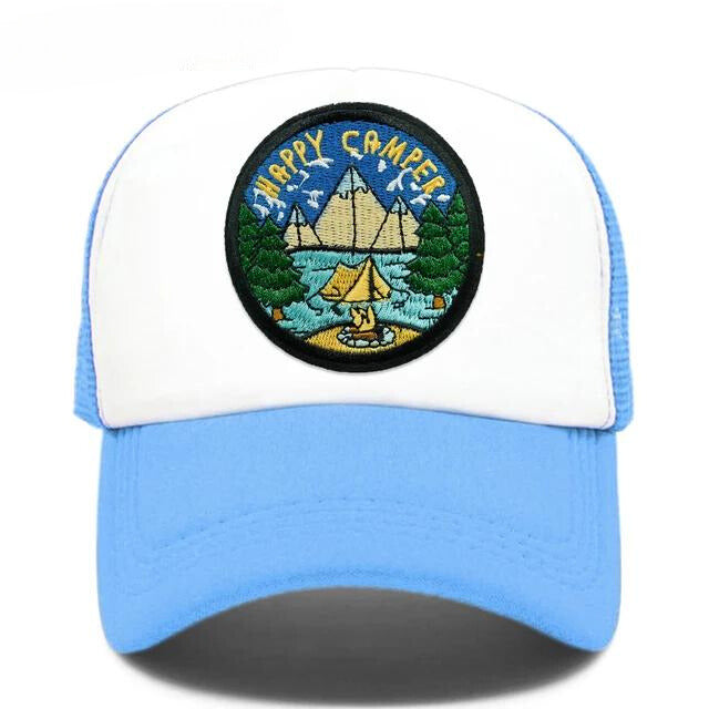 Happy Camper Mesh Trucker Hat - Sky Blue