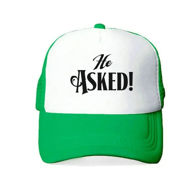 He Asked! Engagement Trucker Hat - Green