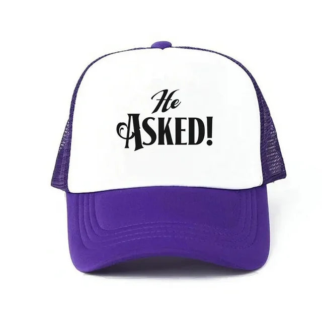 He Asked! Engagement Trucker Hat - Purple