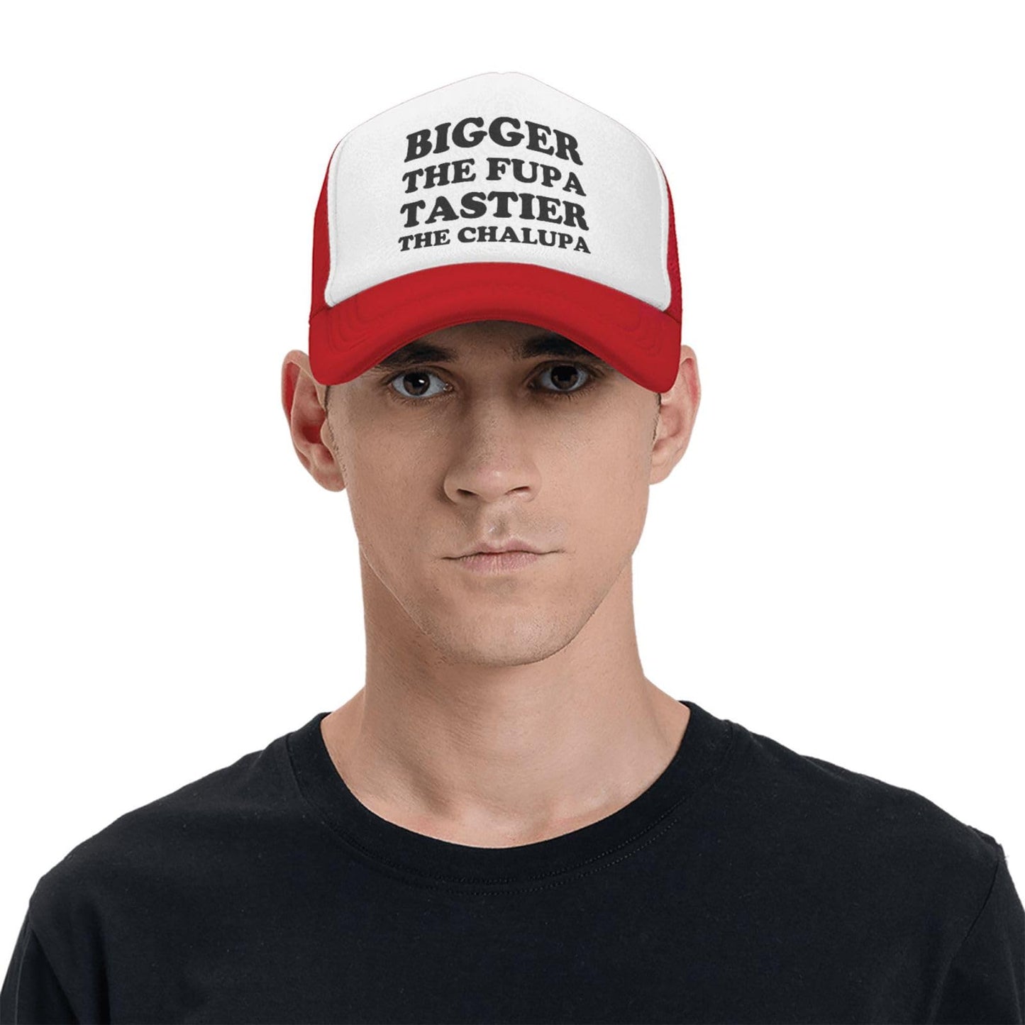 Men wearing "Bigger The Fupa, Tastier The Chalupa" Funny Saying Trucker Hat - Red