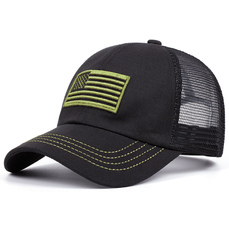 Patriotic American Flag Embroidered Trucker - Black