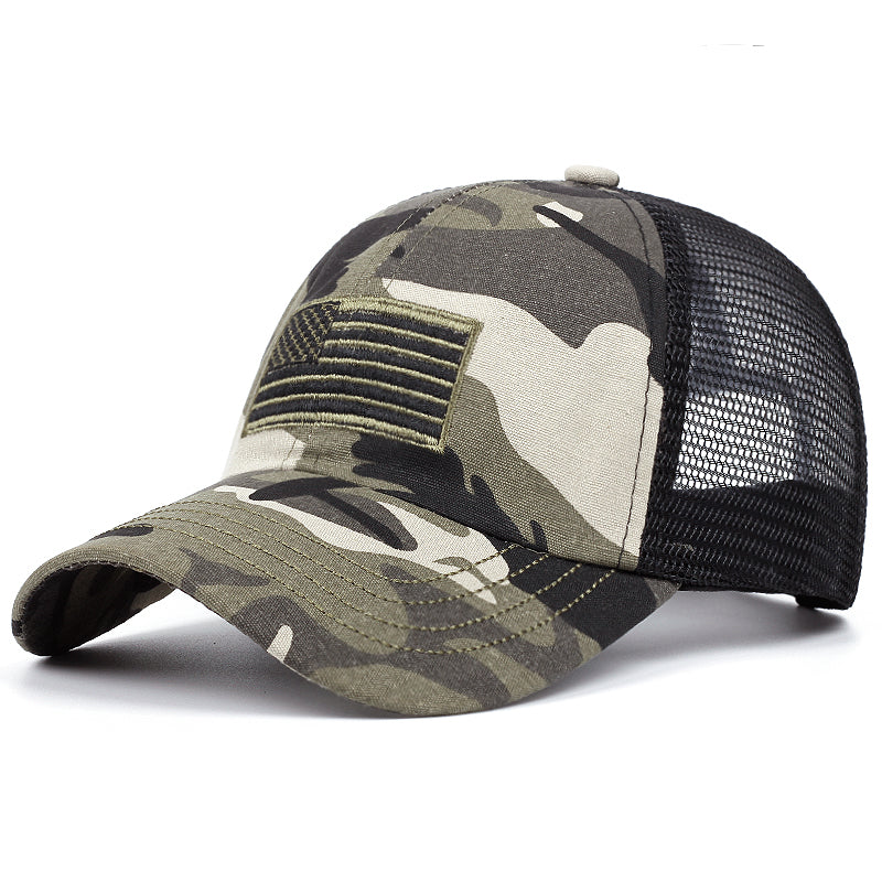 Patriotic American Flag Embroidered Trucker - Black Camouflage