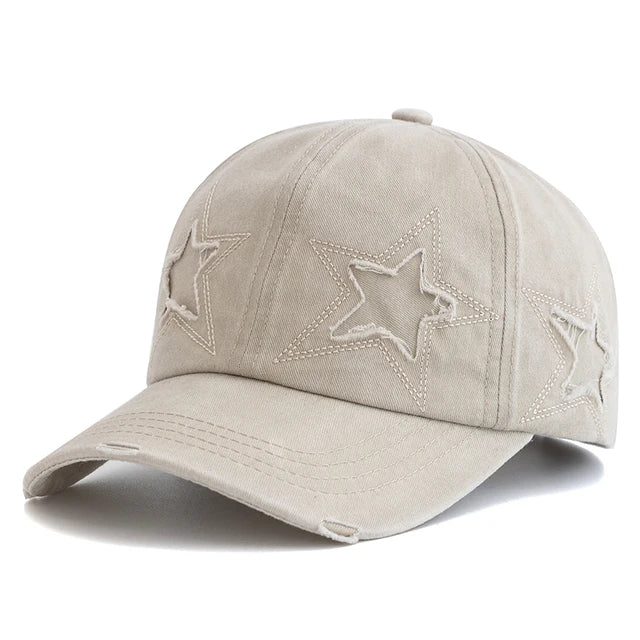 Retro Star Embroidered Baseball Cap - Beige