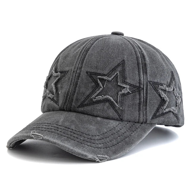 Retro Star Embroidered Baseball Cap - Black
