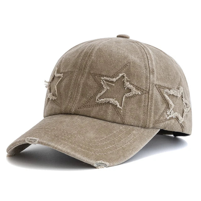 Retro Star Embroidered Baseball Cap - Khaki