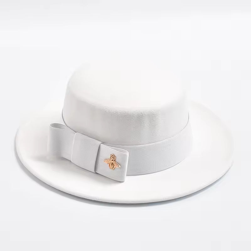 Flat-Top Fedora Hat with Ribbon Bow & Bee Accent