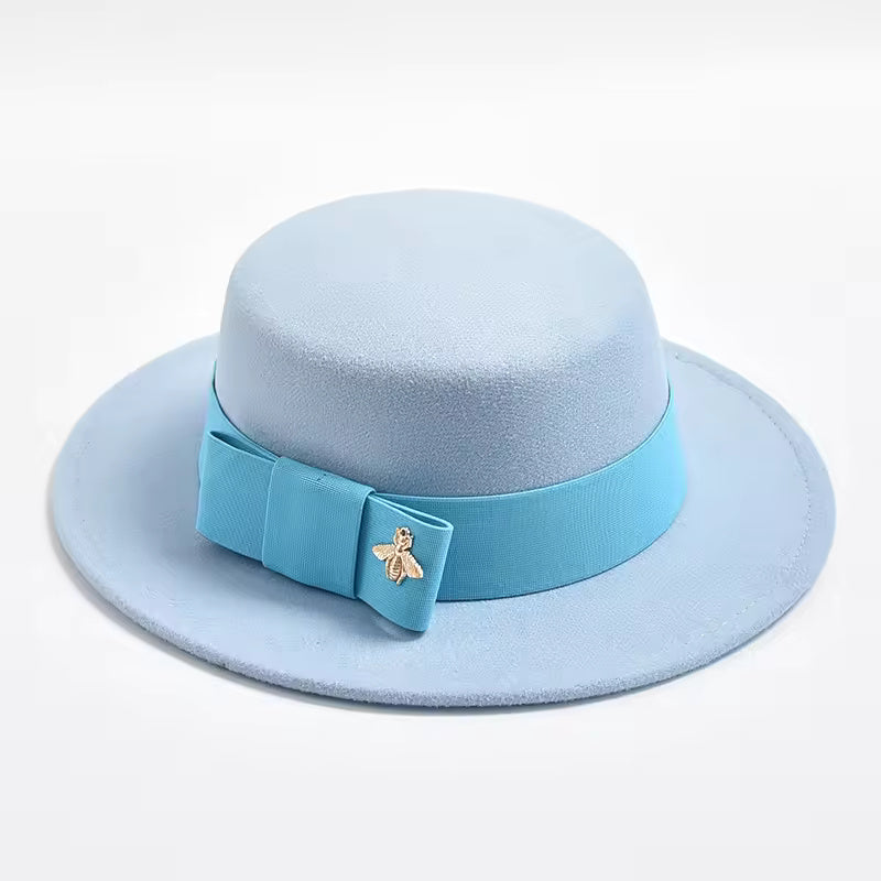 Flat-Top Fedora Hat with Ribbon Bow & Bee Accent