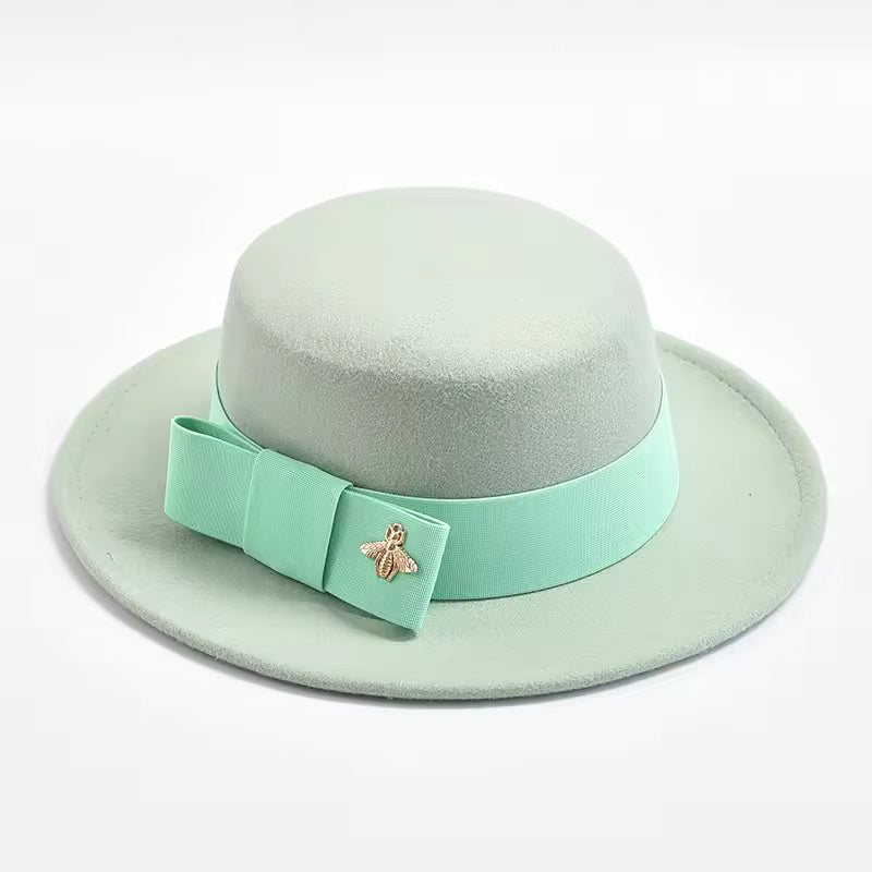 Flat-Top Fedora Hat with Ribbon Bow & Bee Accent
