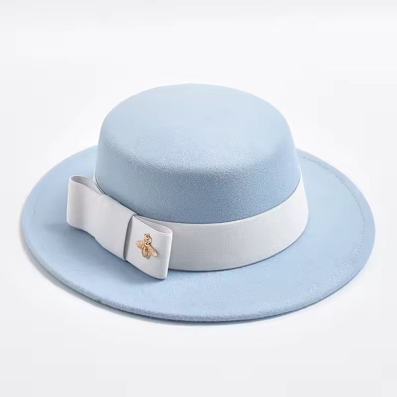 Flat-Top Fedora Hat with Ribbon Bow & Bee Accent