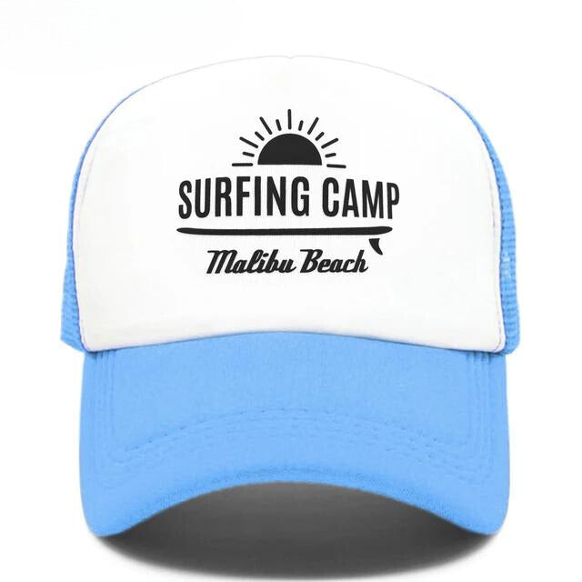 Sunset Beach Surfing Camp Trucker Hat - Sky Blue