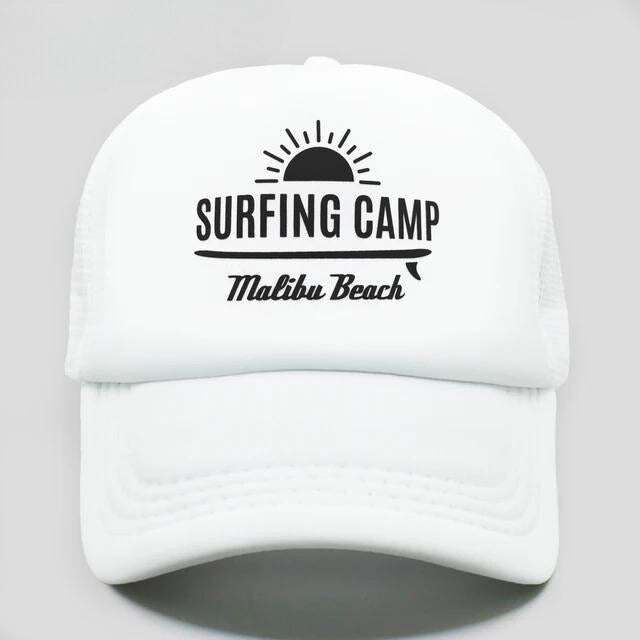 Sunset Beach Surfing Camp Trucker Hat - White
