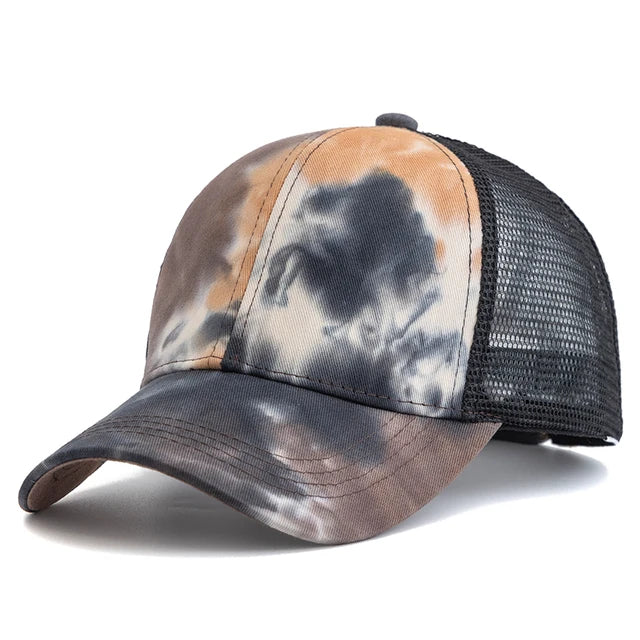 Vibrant Tie-Dye Ponytail Baseball Trucker Hat - Khaki