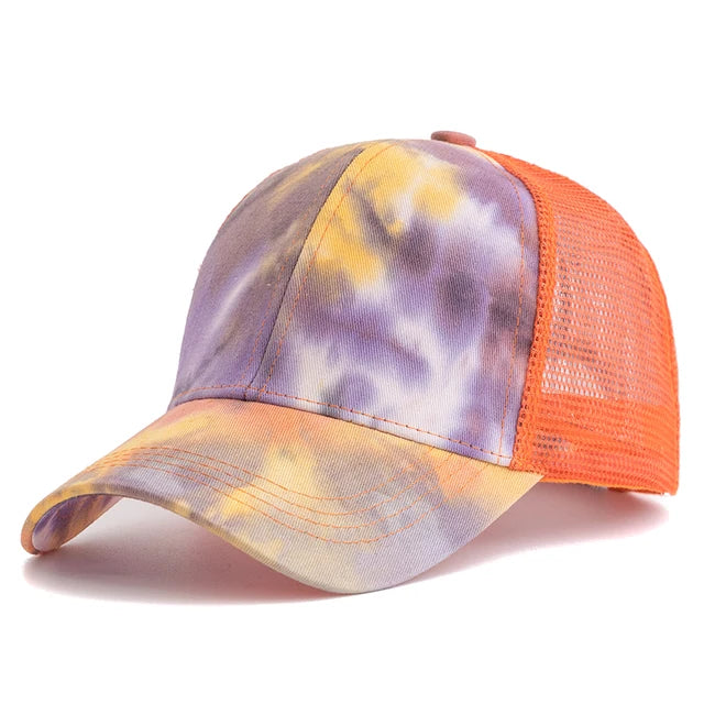 Vibrant Tie-Dye Ponytail Baseball Trucker Hat - Orange