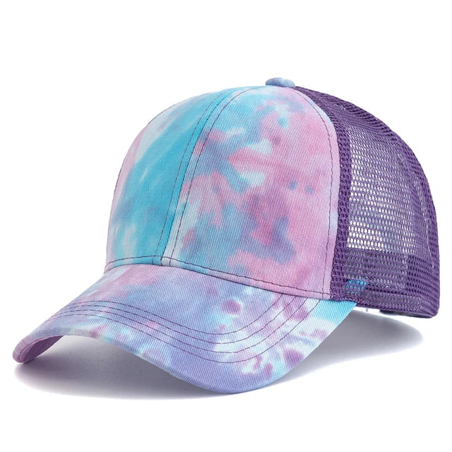 Vibrant Tie-Dye Ponytail Baseball Trucker Hat - Purple