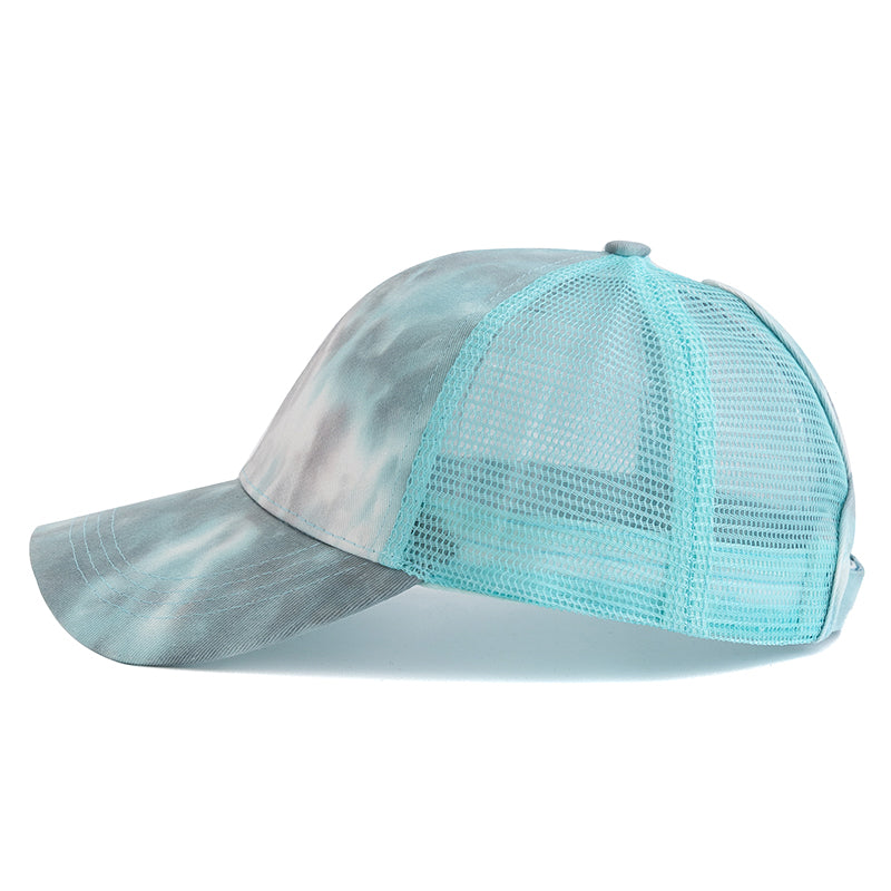 Vibrant Tie-Dye Ponytail Baseball Trucker Hat - Side Pattern