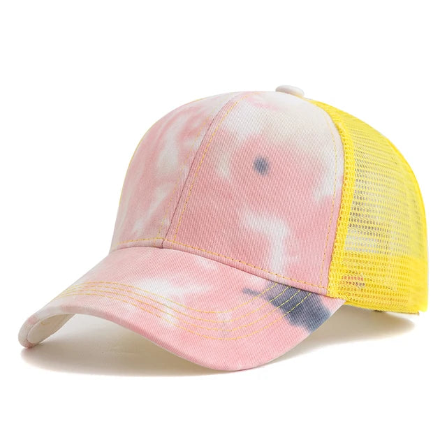 Vibrant Tie-Dye Ponytail Baseball Trucker Hat - Yellow