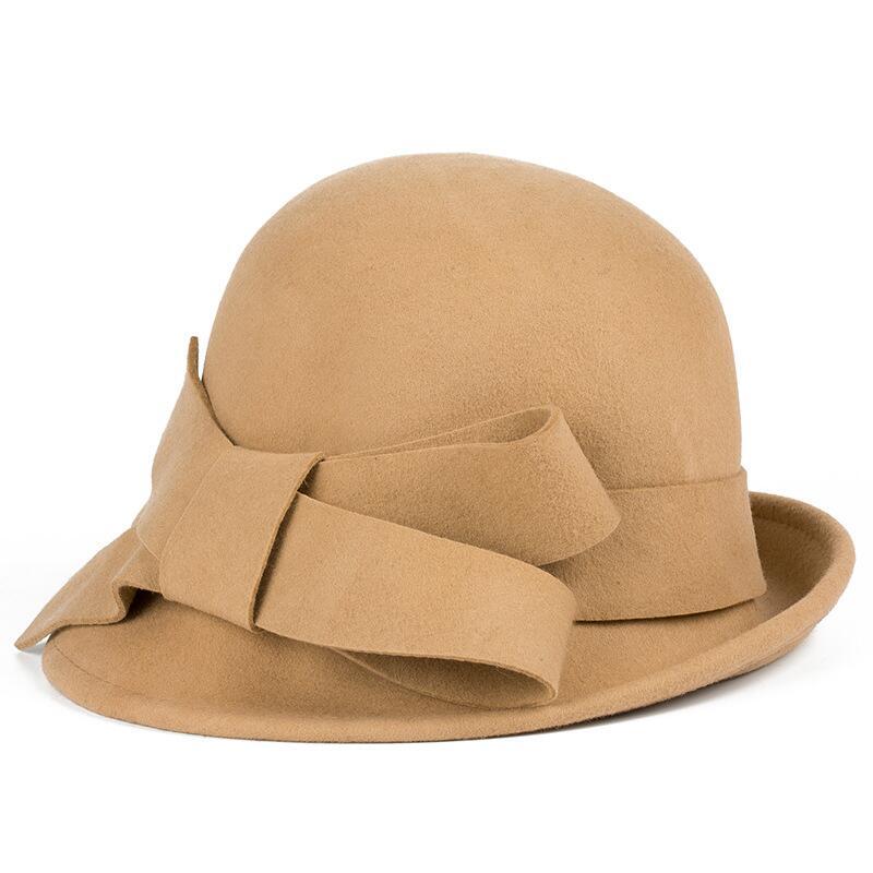 Vintage 1920s Wool Cloche Hat with Bowknot - Beige