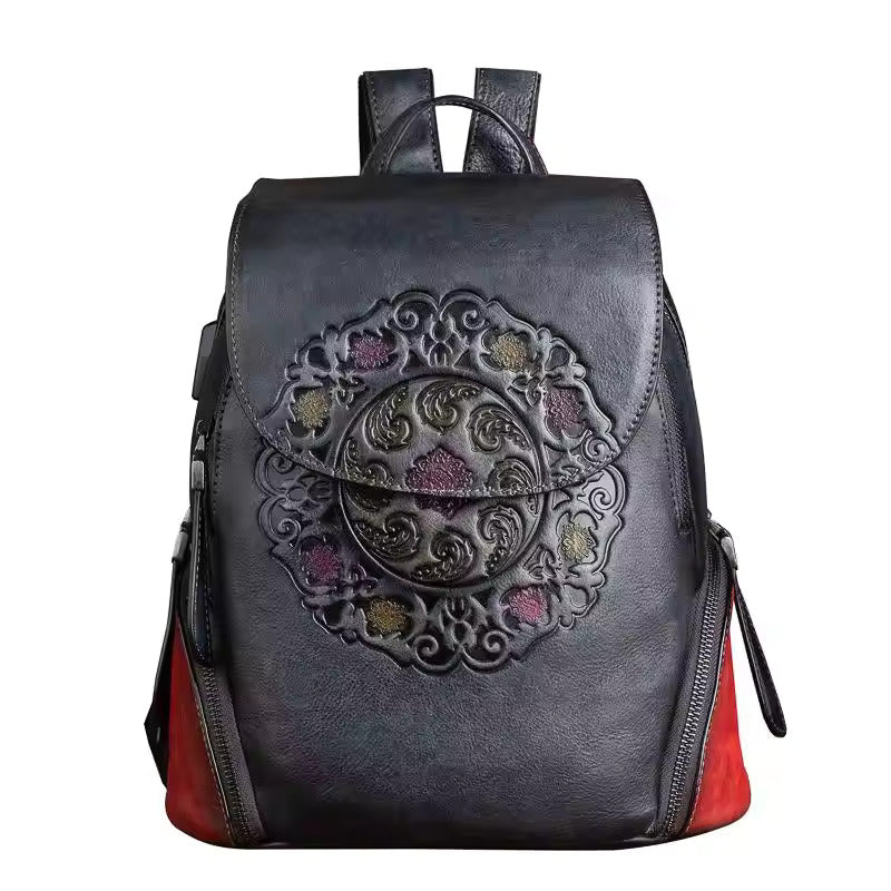 Vintage Embossed Leather Backpack for Women - Black