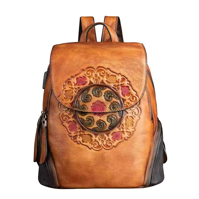 Vintage Embossed Leather Backpack for Women - Brown