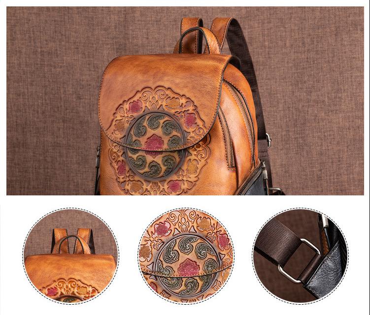 Vintage Embossed Leather Backpack for Women - Features