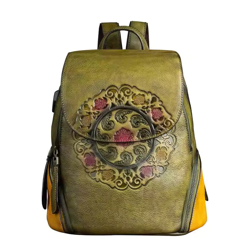 Vintage Embossed Leather Backpack for Women - Green