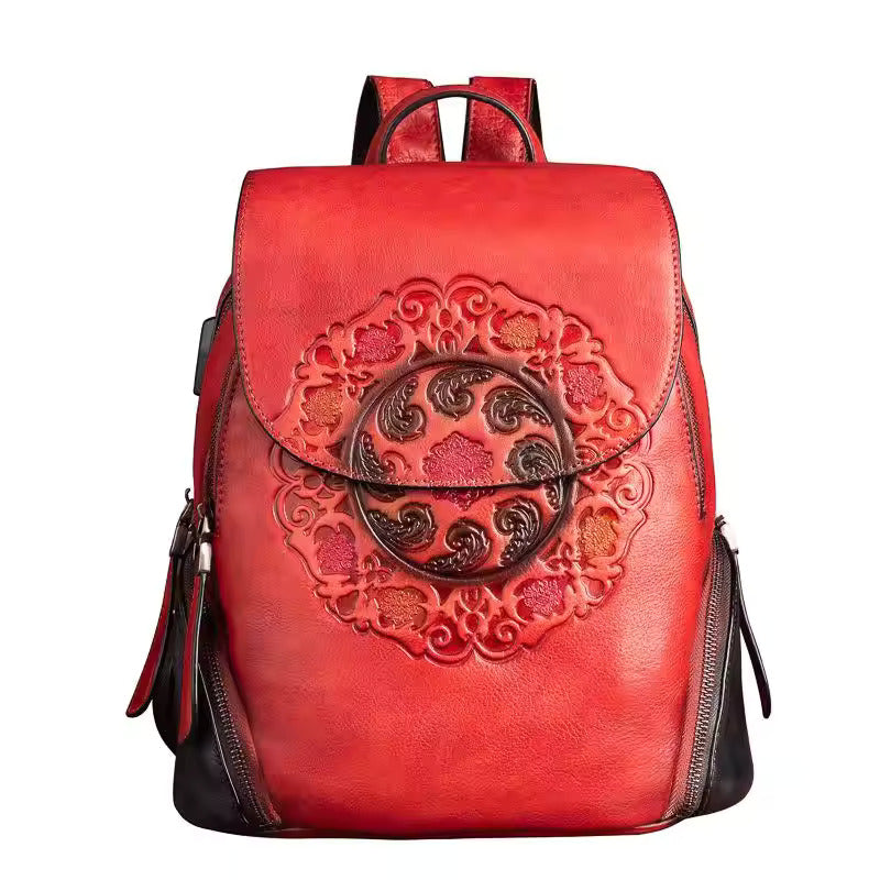Vintage Embossed Leather Backpack for Women - Red