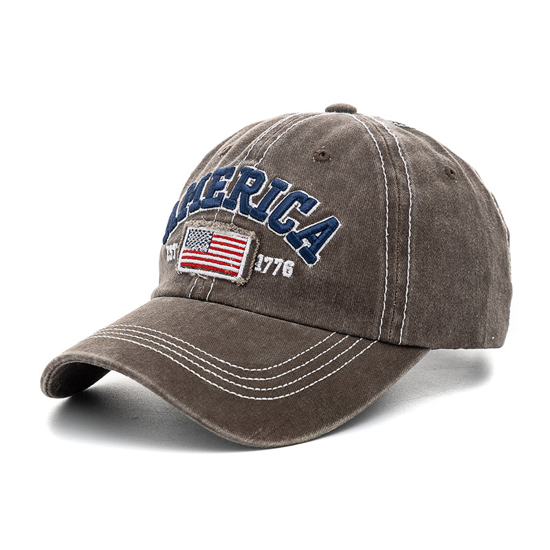 Washed Cotton American Flag Baseball Cap - Brown