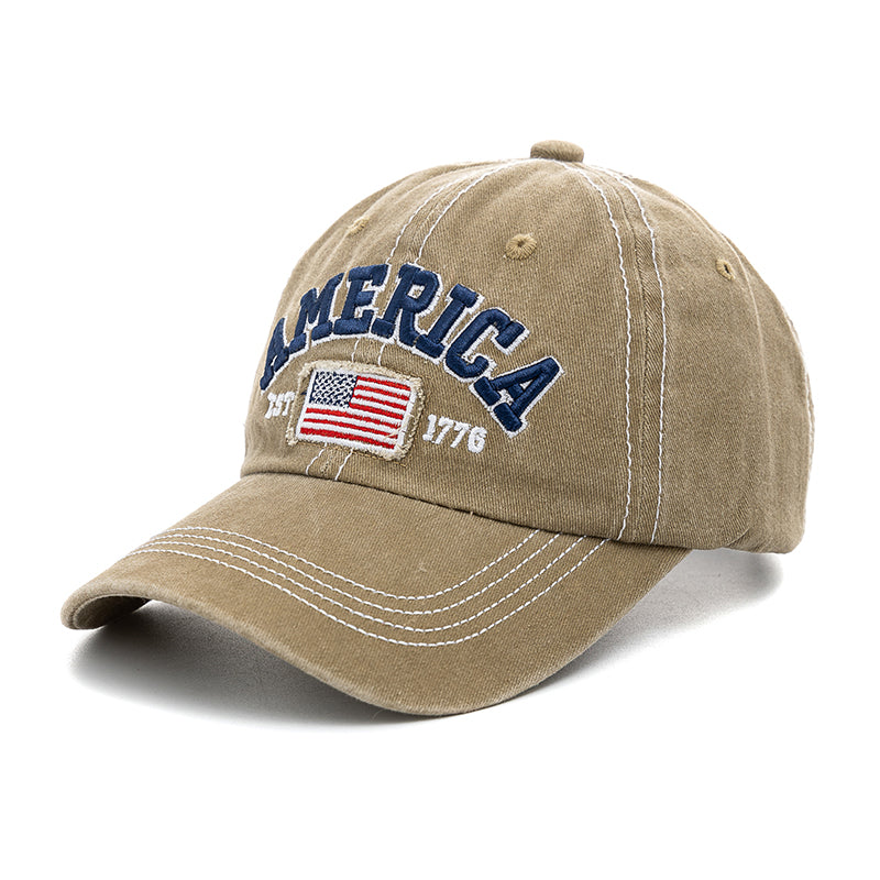 Washed Cotton American Flag Baseball Cap - Khaki