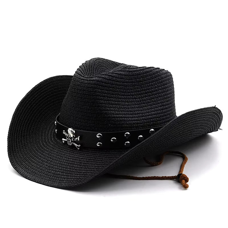 Western Cowboy Hat with Skull Band - Black