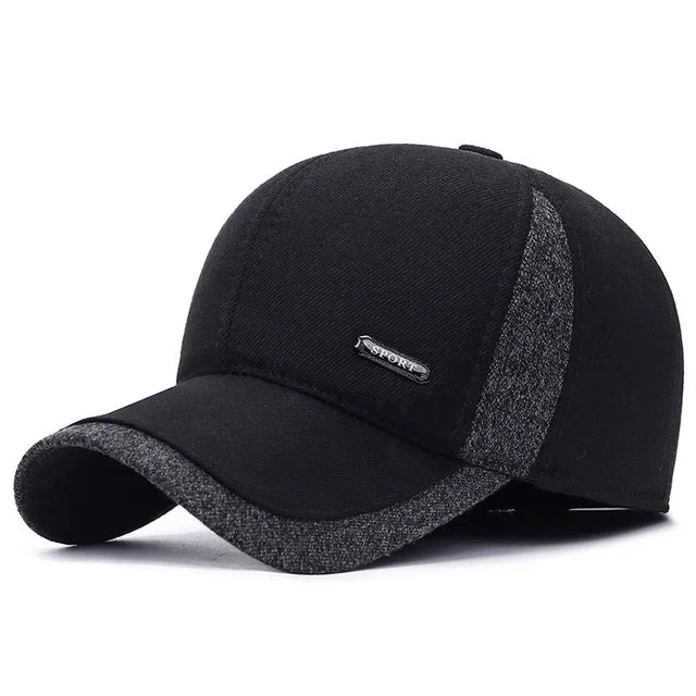 Wool Baseball Cap with Ear Flaps - Black