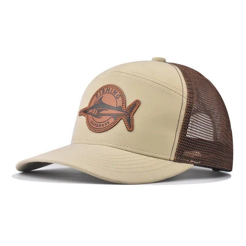 7 Panel Marlin Fish Leather Patch Trucker Hat - Beige 