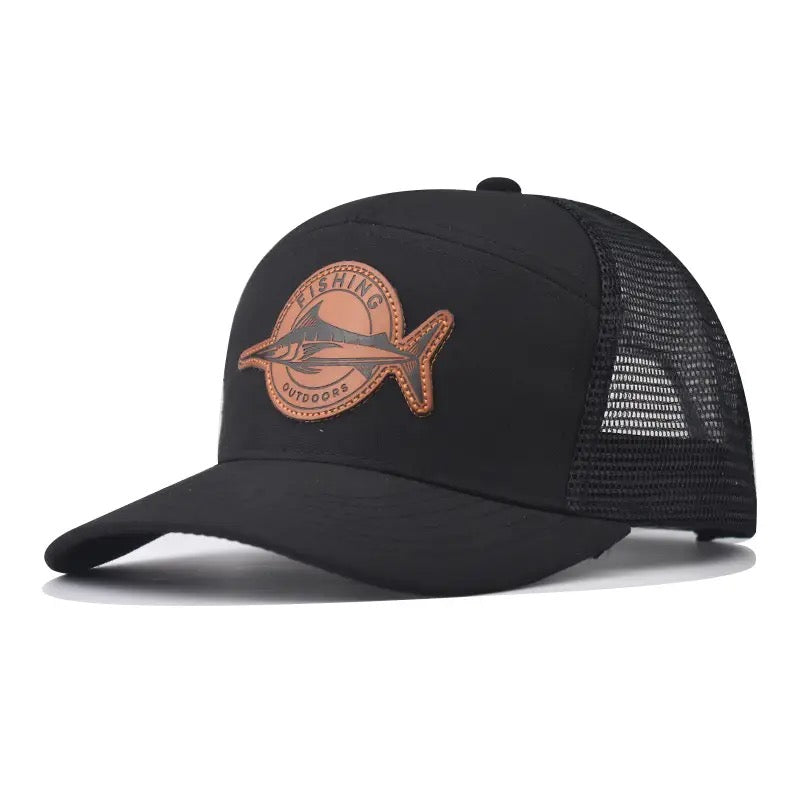 7 Panel Marlin Fish Leather Patch Trucker Hat - Black