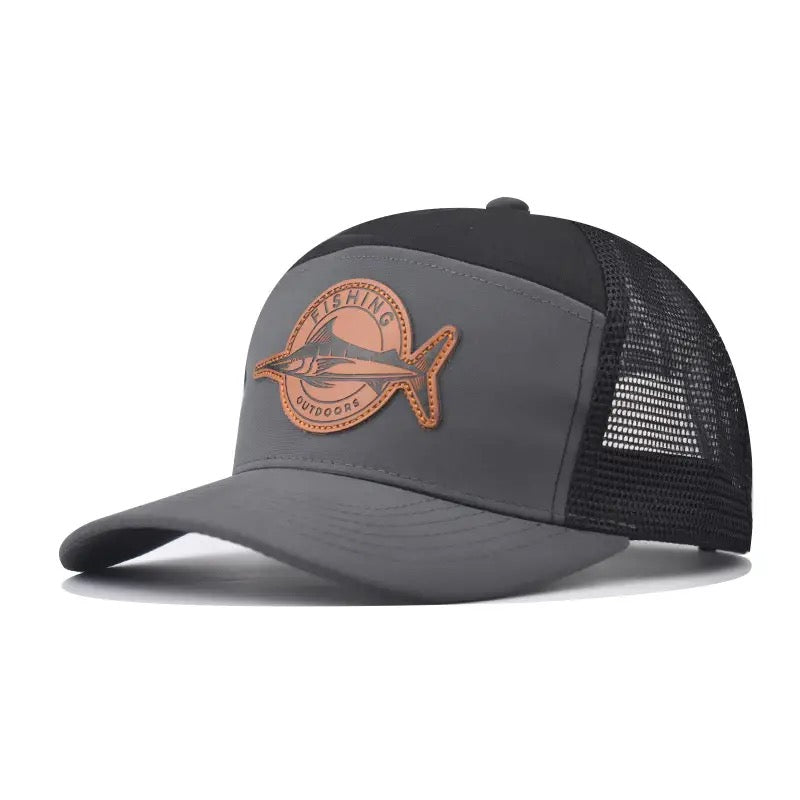 7 Panel Marlin Fish Leather Patch Trucker Hat - Dark Grey Black