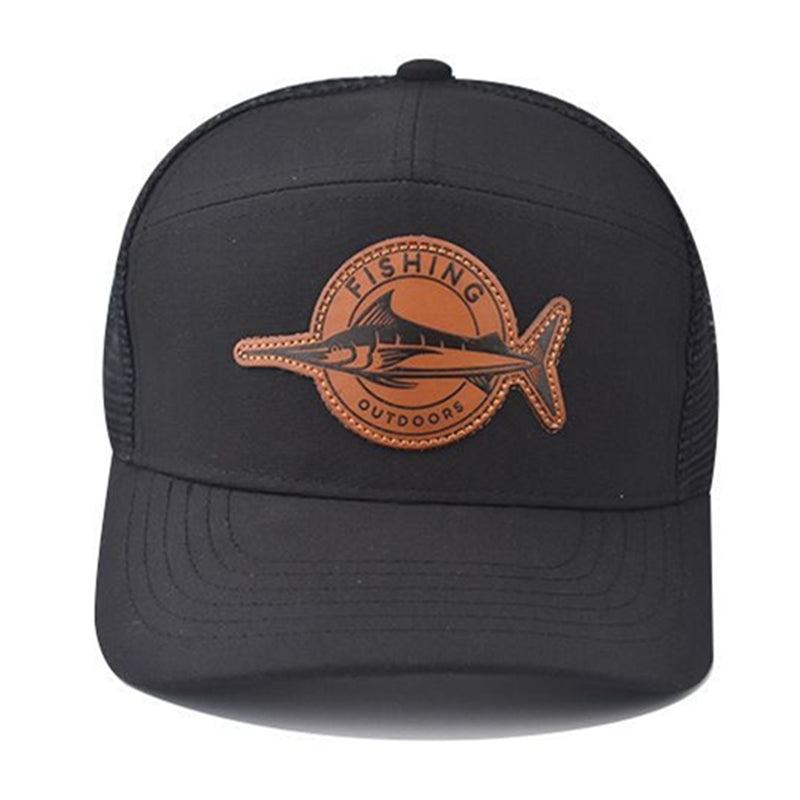 7 Panel Marlin Fish Leather Patch Trucker Hat - Front