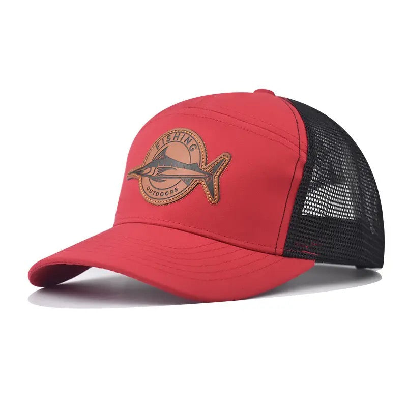 7 Panel Marlin Fish Leather Patch Trucker Hat - Red
