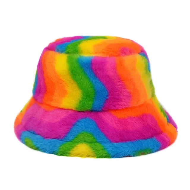 Bold Striped Faux Fur Bucket Hat - Style 1