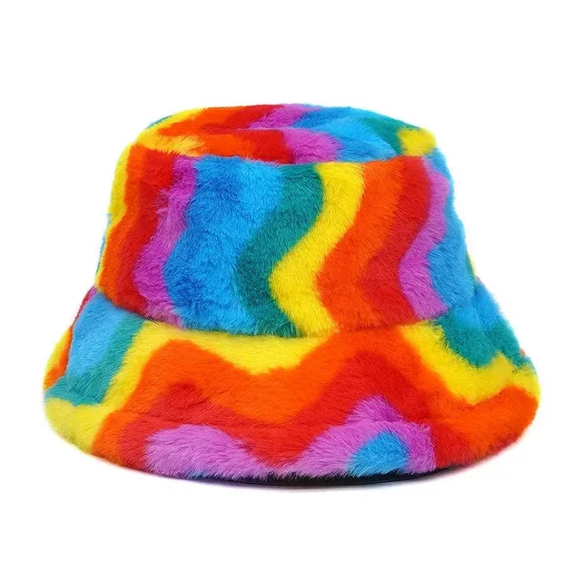 Bold Striped Faux Fur Bucket Hat - Style 2