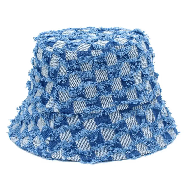 Checkered Denim Bucket Hats - Light Blue